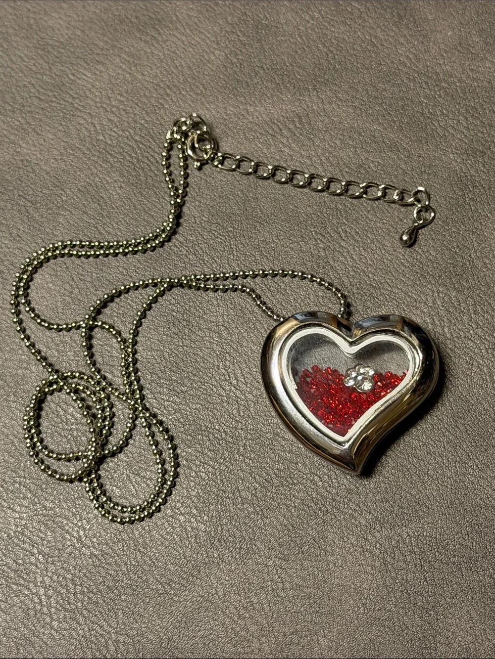 Silver tone Heart Locket Necklace with Red glass crystals and rhinestone dog paw